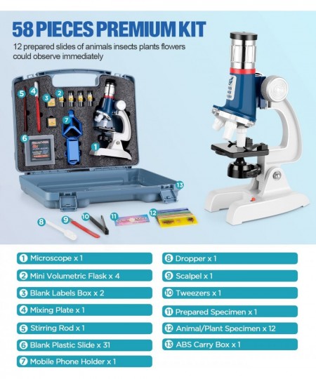 58-pcs Microscope Kit for Kids 5-7 8-12 100X-1200X Kids Microscope with Metal Body Microscope Carrying Box LED Light Science ...