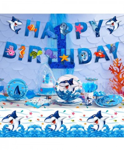 114 Pieces Shark Party Supplies Set Includes Shark Plates Napkins Cups Banner Tablecloth Knives Forks Spoons Blue Ocean Shark...