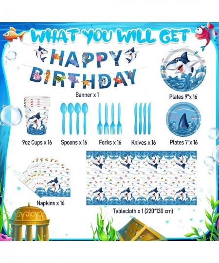 114 Pieces Shark Party Supplies Set Includes Shark Plates Napkins Cups Banner Tablecloth Knives Forks Spoons Blue Ocean Shark...