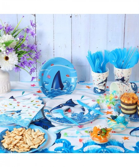 114 Pieces Shark Party Supplies Set Includes Shark Plates Napkins Cups Banner Tablecloth Knives Forks Spoons Blue Ocean Shark...