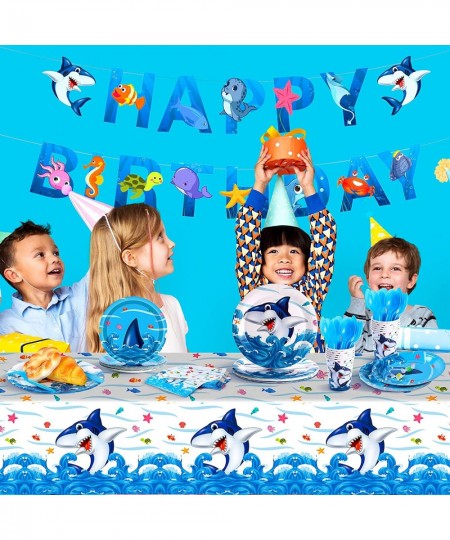 114 Pieces Shark Party Supplies Set Includes Shark Plates Napkins Cups Banner Tablecloth Knives Forks Spoons Blue Ocean Shark...