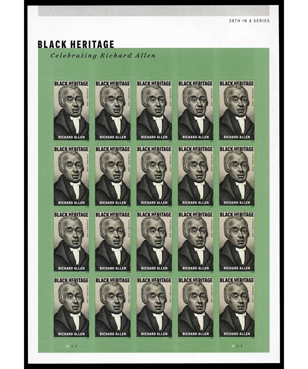 Richard Allen Black Heritage Sheet of Twenty Forever Stamps Scott 5056 $58.16 - Collectible Postage Stamps