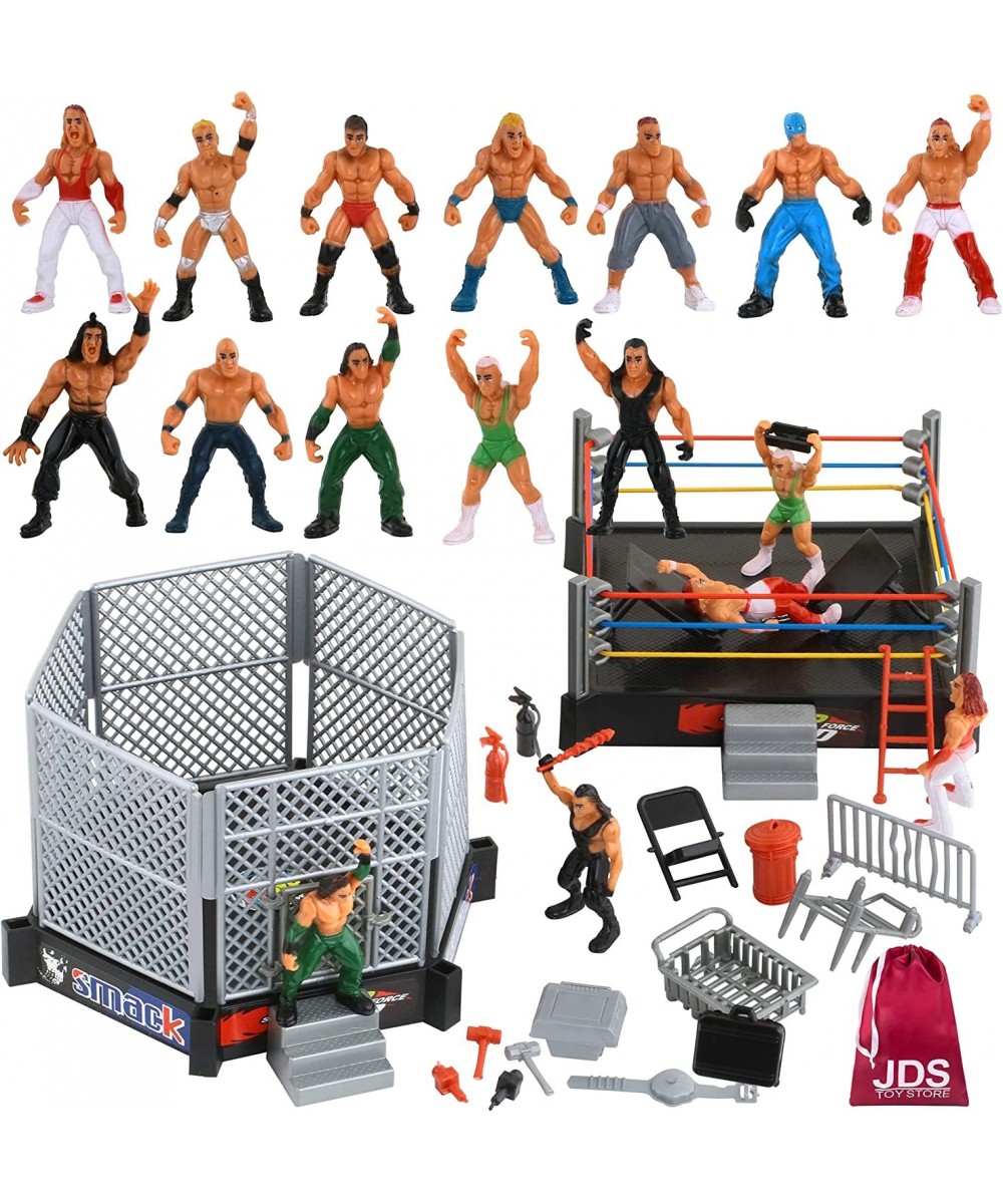 Store 32-Piece Mini Wrestling Playset with Action Figures and Accessories - Kids Toy with Realistic Wrestlers - 2 Rings Inclu...