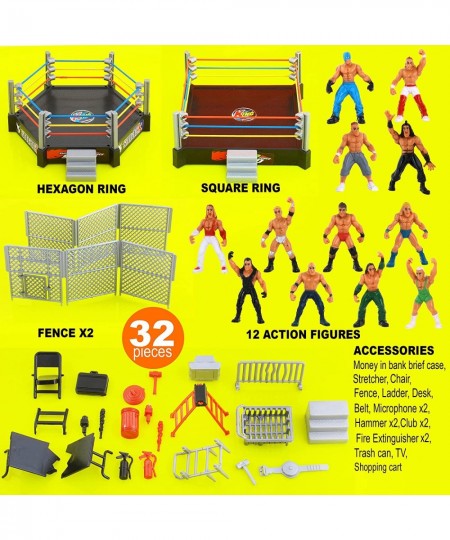 Store 32-Piece Mini Wrestling Playset with Action Figures and Accessories - Kids Toy with Realistic Wrestlers - 2 Rings Inclu...