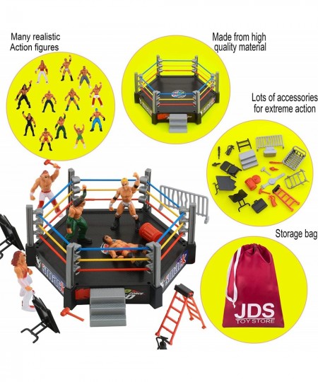 Store 32-Piece Mini Wrestling Playset with Action Figures and Accessories - Kids Toy with Realistic Wrestlers - 2 Rings Inclu...