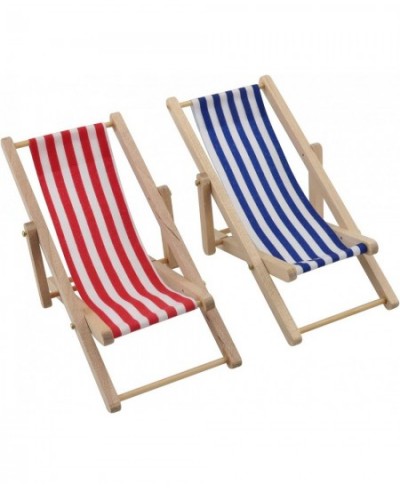 2pcs Mini Wooden Folding Beach Sunbath Chair Longue Deck Chair Craft Striped Furniture for Dollhouse Home Desk Garden Decorat...