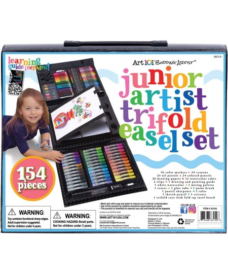 Budding Artist 154 Pc Junior Artist Trifold Easel Art Set Includes markers crayons oil pastels watercolor paints and colored ...