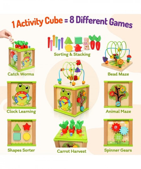 Wooden Activity Cube for Toddlers 1-Year-Old: 8-in-1 Montessori Toys for Baby Developmental Learning Toys Shape Sorter Bead M...