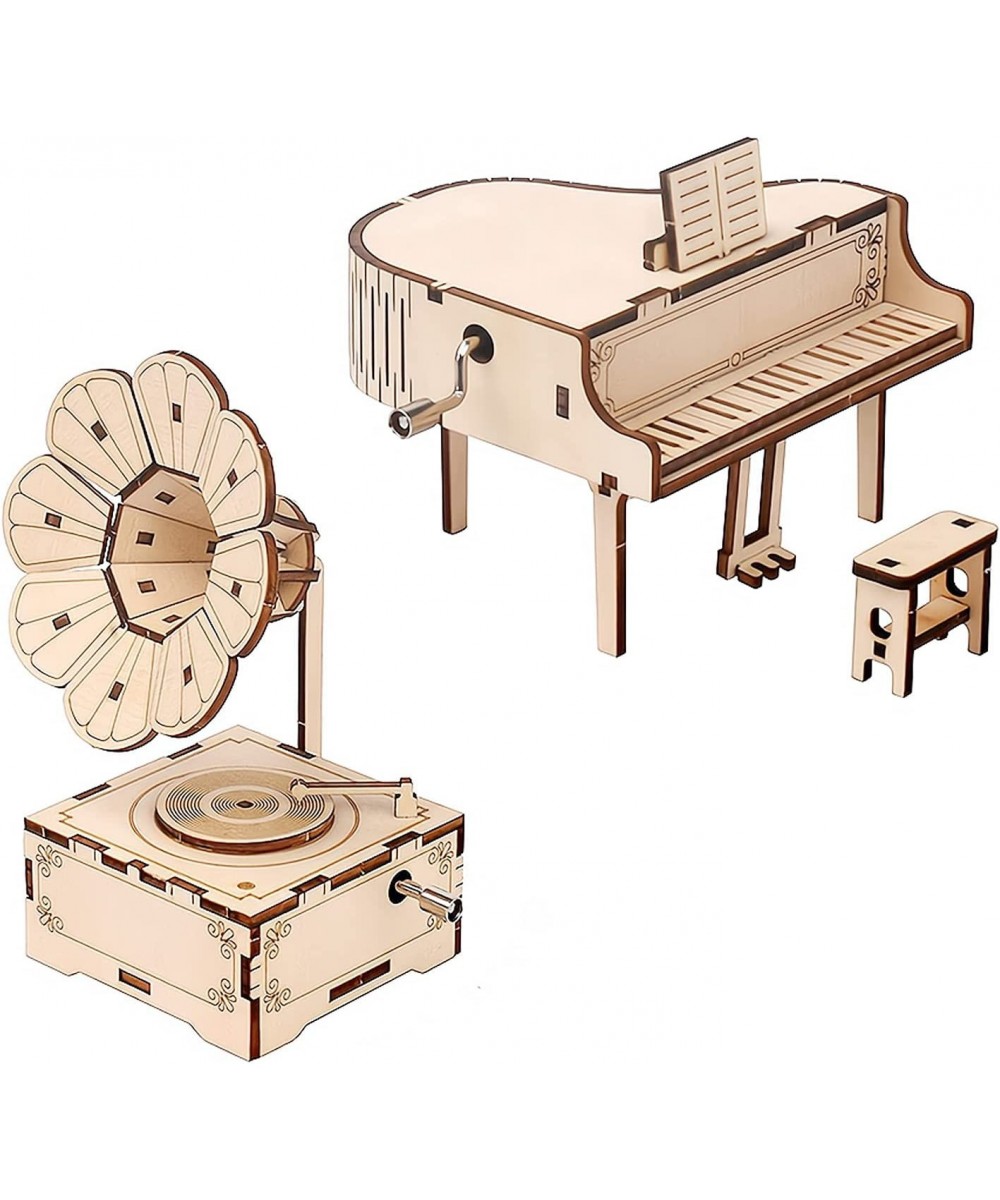 3D Puzzles for Adults Kids DIY Music Box - Piano & Gramophone Hand Crank Engraved Musical Box STEM Wooden Building DIY Kits $...