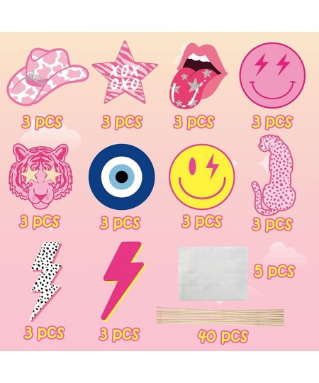 30Pcs Preppy Y2k Hot Pink Party Centerpieces Smile Face Star Lightning Lips Centerpiece Sticks Table Toppers for Teen Girl Bi...