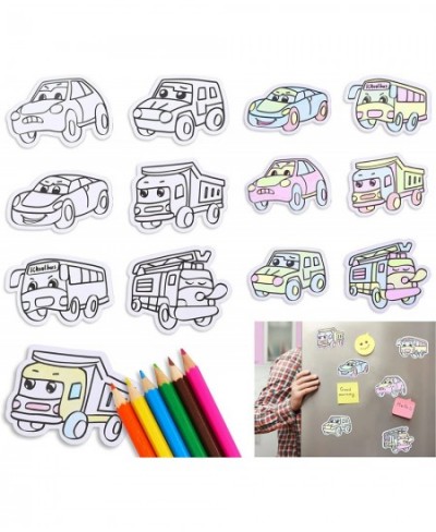 12Pcs DIY Mini Tile Fridge Magnet Art Kit for Boys Girls Age 3+ with 6Pcs Colored Pencils Cartoon Traffic Car Style Schoolbus...