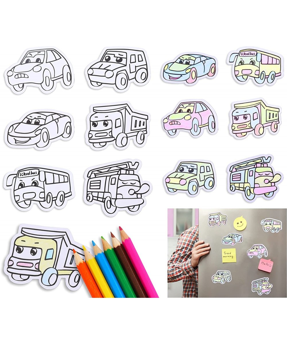 12Pcs DIY Mini Tile Fridge Magnet Art Kit for Boys Girls Age 3+ with 6Pcs Colored Pencils Cartoon Traffic Car Style Schoolbus...