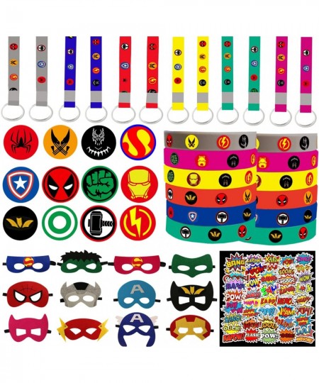 98Pcs Superhero Party Favors Superhero Birthday Supplies Include Hero Masks Silicone Wristbands Button Pins Silicone Key Chai...