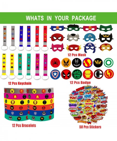 98Pcs Superhero Party Favors Superhero Birthday Supplies Include Hero Masks Silicone Wristbands Button Pins Silicone Key Chai...