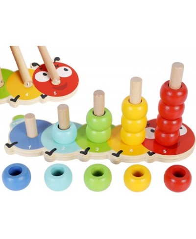 TOWO Wooden Stacking Rings Baby –Lovely Caterpillar Counting Game - Colour Sorting Puzzle - 5 Pegs Ring Stacker - Counting Ri...