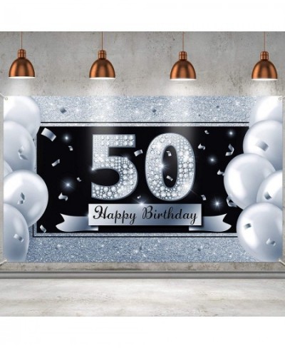 50th Happy Birthday Backdrop Banner Large Black and Silver 50 Anniversary Sign Poster 50th Birthday Party Decoration for Men ...