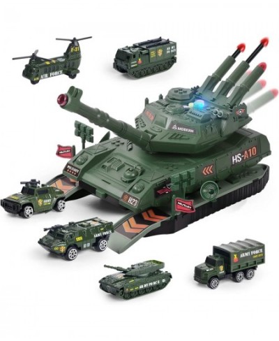 Tank Toy Sets for Kids Military Transport Tank with 6PCS Mini Alloy Army Vehicles Realistic Sound Light Rotating Turret Missi...