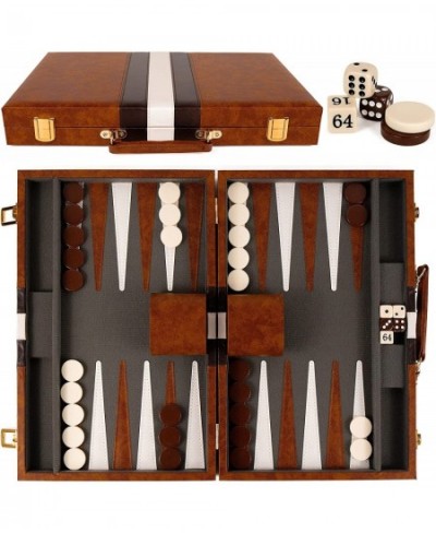 Backgammon Set - 15 Inch Classic Backgammon Board Game Sets Handheld - Backgammon Sets for Adults and Kids - Brown Faux Leath...