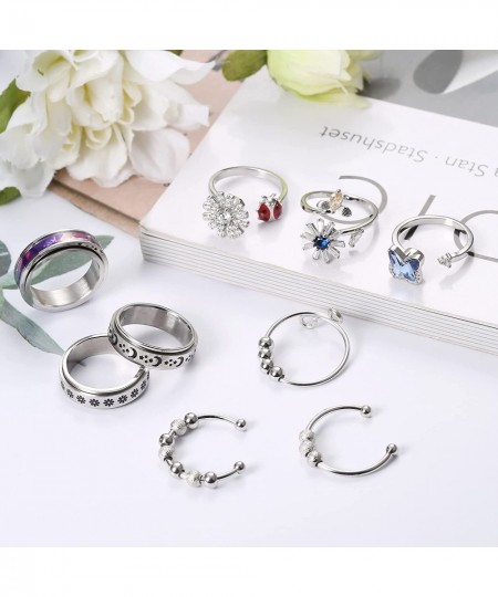 9Pcs Fidget Anxiety Rings for Women Spinner Band Rings for Anxiety Adjustable Cubic Zirconia Flower Butterfly Ladybug Bead St...