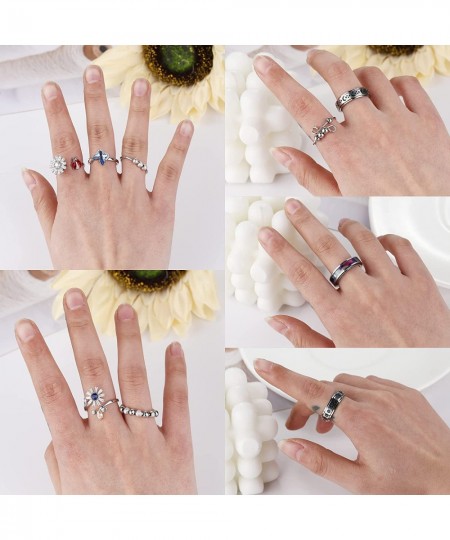 9Pcs Fidget Anxiety Rings for Women Spinner Band Rings for Anxiety Adjustable Cubic Zirconia Flower Butterfly Ladybug Bead St...