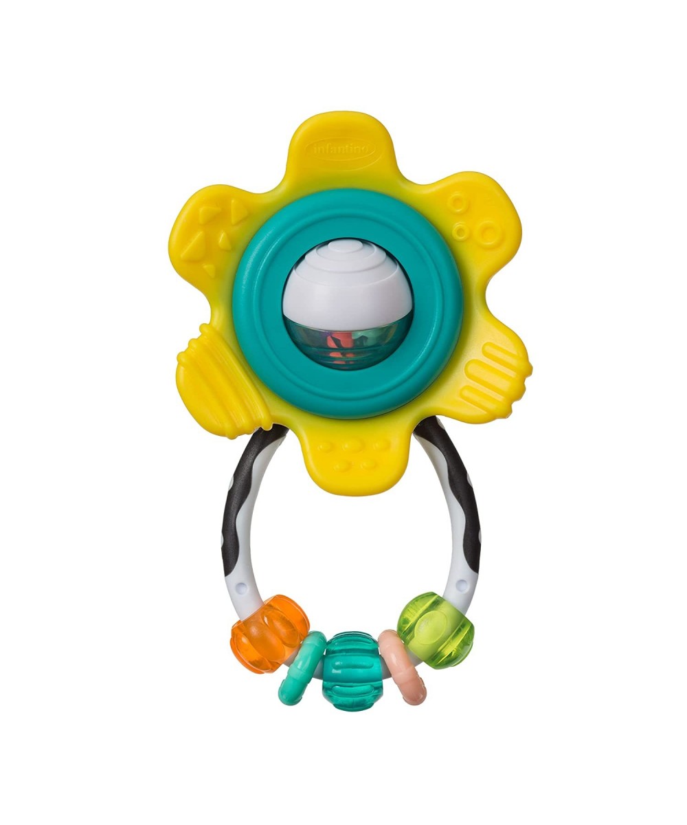 Spin & Teethe Gummy Yellow Flower Rattle - Easy to Grab Chewy Rings Multi-Texutre Petals Roller Ball Center - Teething & Sens...