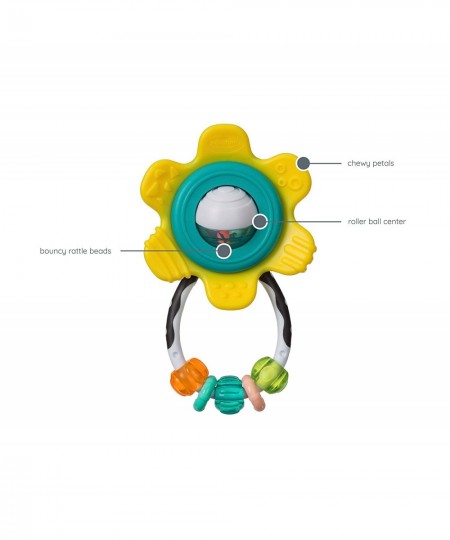 Spin & Teethe Gummy Yellow Flower Rattle - Easy to Grab Chewy Rings Multi-Texutre Petals Roller Ball Center - Teething & Sens...