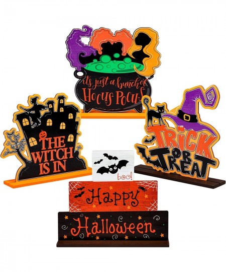 4Pcs Halloween Wooden Table Centerpieces Spooky Witch Bat Castle Wooden Sign Trick or Treat Happy Halloween Table Topper Deco...