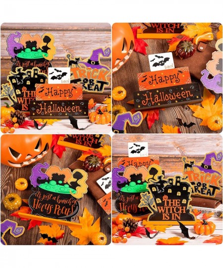 4Pcs Halloween Wooden Table Centerpieces Spooky Witch Bat Castle Wooden Sign Trick or Treat Happy Halloween Table Topper Deco...