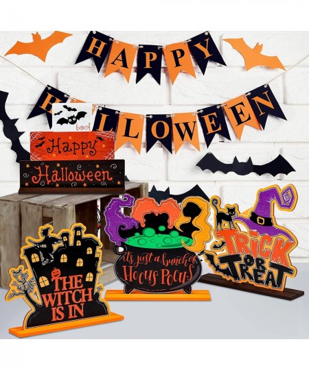 4Pcs Halloween Wooden Table Centerpieces Spooky Witch Bat Castle Wooden Sign Trick or Treat Happy Halloween Table Topper Deco...