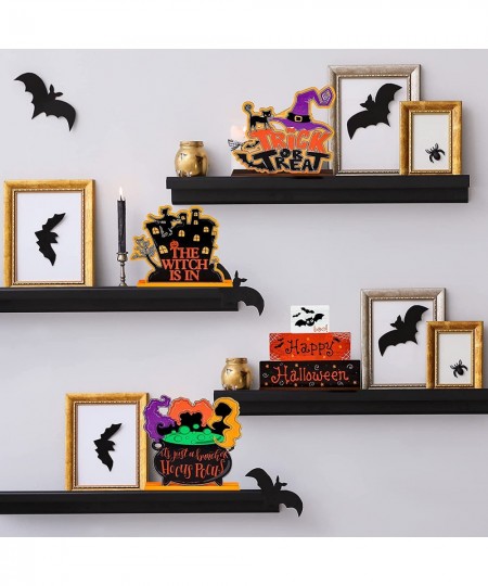 4Pcs Halloween Wooden Table Centerpieces Spooky Witch Bat Castle Wooden Sign Trick or Treat Happy Halloween Table Topper Deco...