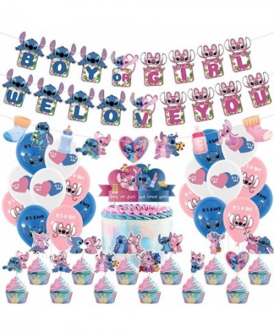 33PCS Gender Reveal Decorations Lilo and Stitch Baby Gender Reveal Party Supplies Includes Boy or Girl Banner Cupcake Toppers...