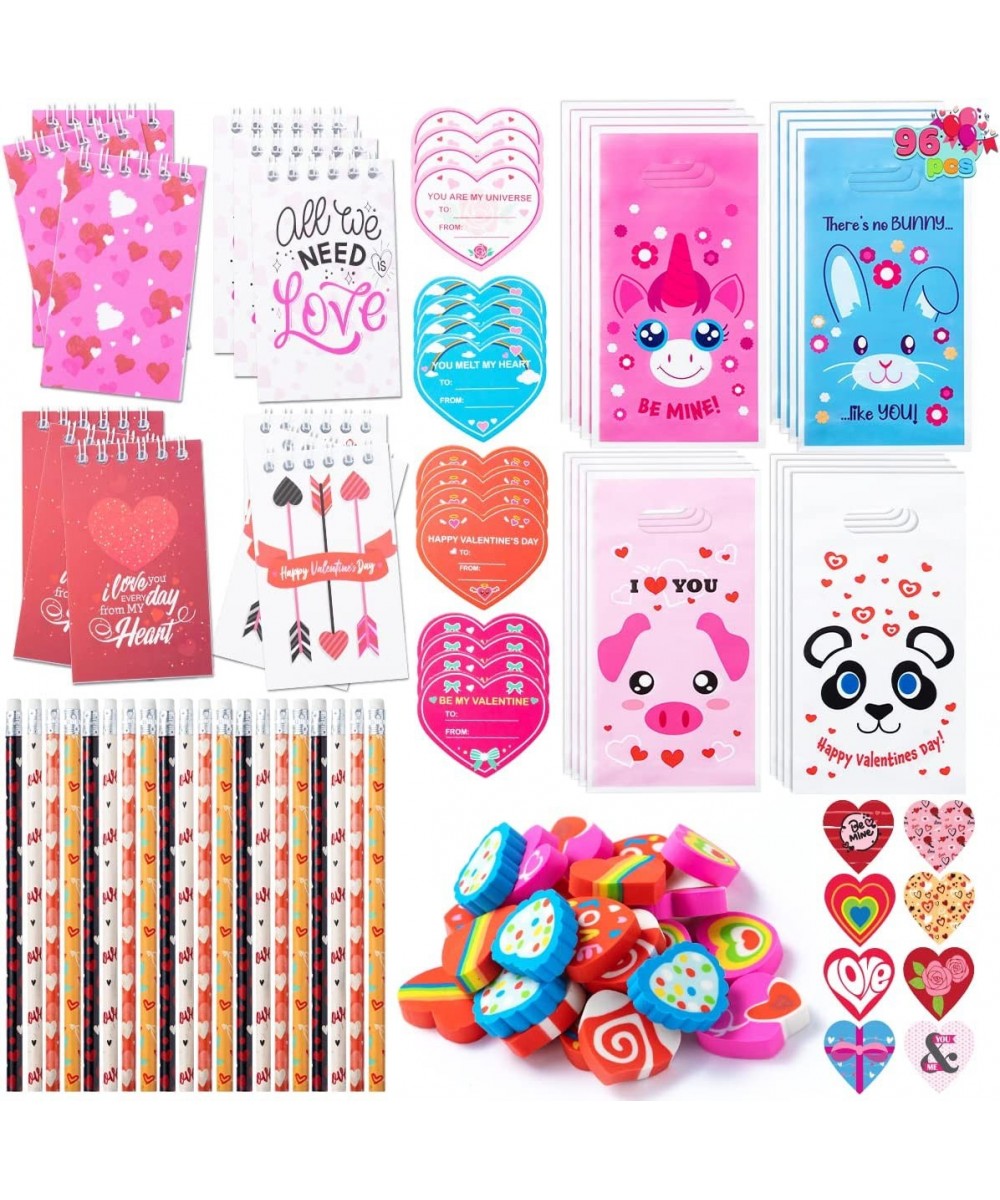 96 Valentines Day Stationery Set with Notebook Pencils Erasers Gift Tags & Treat Bags for Valentine Party Favors Kids Classro...