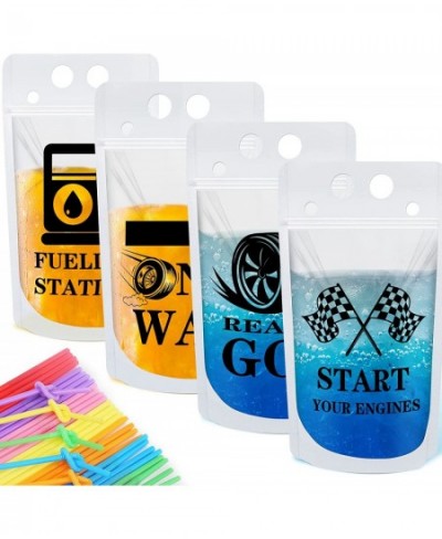 20 Pcs Race Car Birthday Party Drink Pouch Cups with 20 Straws Reusable Clear Zipper Bags Cars Birthday Party Cups Racecar Wh...