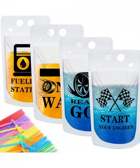 20 Pcs Race Car Birthday Party Drink Pouch Cups with 20 Straws Reusable Clear Zipper Bags Cars Birthday Party Cups Racecar Wh...