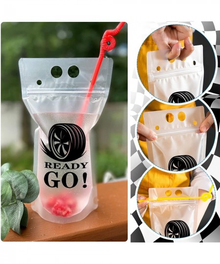 20 Pcs Race Car Birthday Party Drink Pouch Cups with 20 Straws Reusable Clear Zipper Bags Cars Birthday Party Cups Racecar Wh...