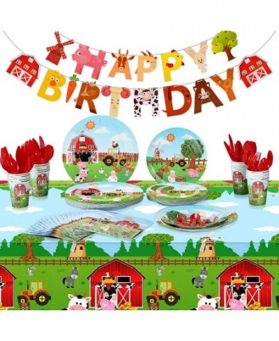 171 Piece Barnyard Farm Animals Theme Party Supplies Barn Tablecloth 24 Guests Dinner Plates Dessert Cups Napkins and Banner ...