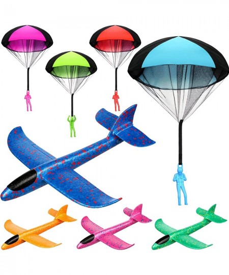 8 Pieces Throwing Toy 13.8 Inch Foam Airplanes and 17.7 Inch Parachute Toy Outdoor Sport Toys for Kids Gi fts for 3 4 5 6 7 Y...