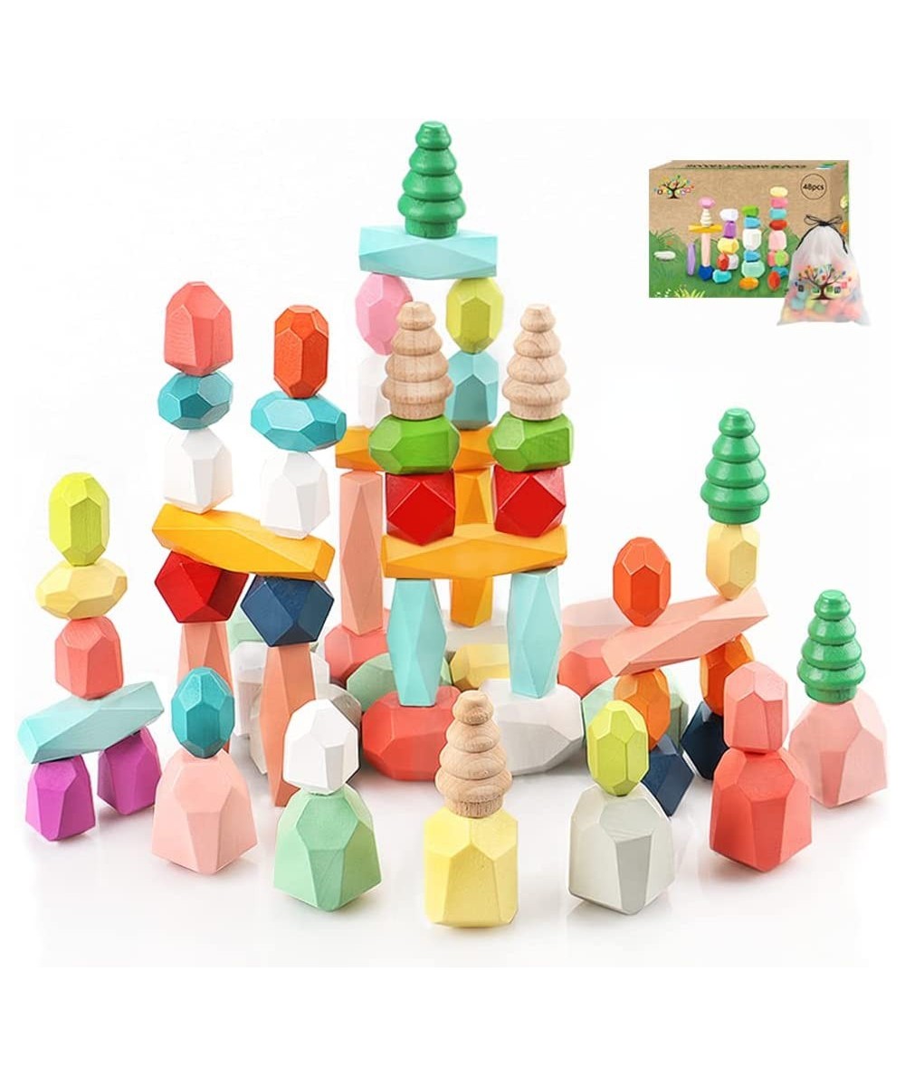 48PCS Toddler Wooden Stacking Building Blocks Montessori Toys for 1 2 3 4 5 6 Year Old Girls Boys Preschool Educational Senso...