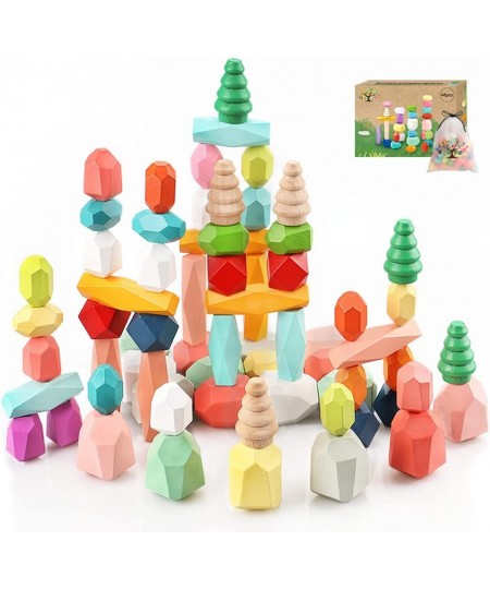 48PCS Toddler Wooden Stacking Building Blocks Montessori Toys for 1 2 3 4 5 6 Year Old Girls Boys Preschool Educational Senso...