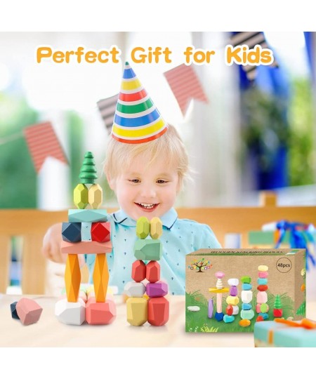 48PCS Toddler Wooden Stacking Building Blocks Montessori Toys for 1 2 3 4 5 6 Year Old Girls Boys Preschool Educational Senso...