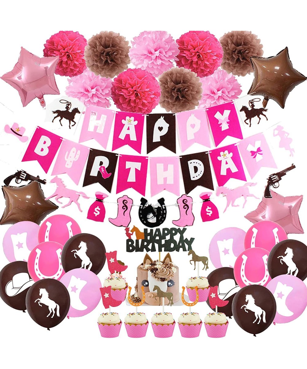 Western Cowgirl Theme Birthday Party Decorations Pink Brown for Girls Felt Horse Garland Banner Horse Racing Happy Birthday B...