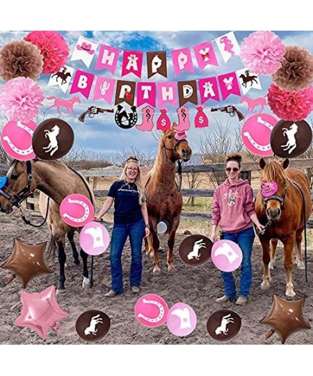 Western Cowgirl Theme Birthday Party Decorations Pink Brown for Girls Felt Horse Garland Banner Horse Racing Happy Birthday B...