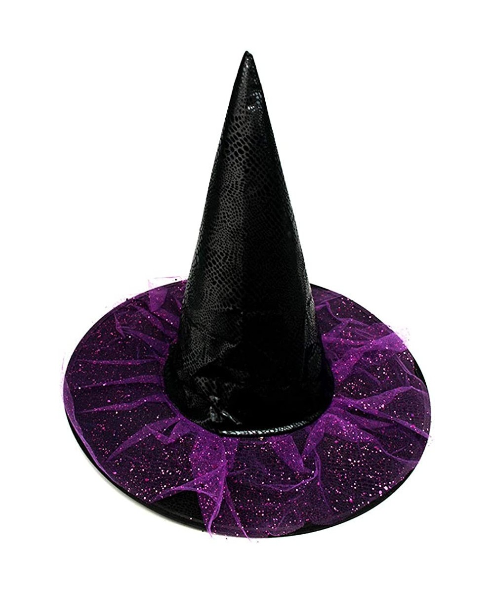 Halloween Witch Hat with Purple Tulle and Sequins Halloween Costume Accessory Black and Purple Witch Cap for Kids Women Hallo...