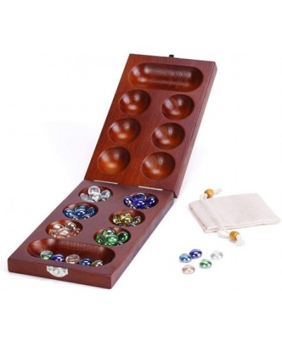 Mancala Board Game Set with Folding Rubber Wood Board & 48+5 Multi Color Glass Stones & Stone Storage Bag - Marble Game for D...