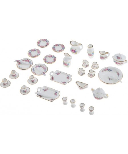 Rose Flower Porcelain Teaware Pot Cup Plate 40pcs Set /12 Dollhouse $35.34 - Dollhouse Accessories