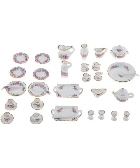 Rose Flower Porcelain Teaware Pot Cup Plate 40pcs Set /12 Dollhouse $35.34 - Dollhouse Accessories