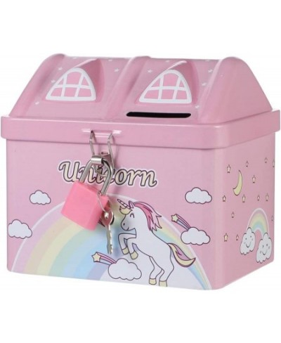 Unicorn Piggy Bank Cartoon House Shape Money Bank Iron Metal Coin Bank with Lock Gifts for Holiday Birthday Christmas Red Luc...