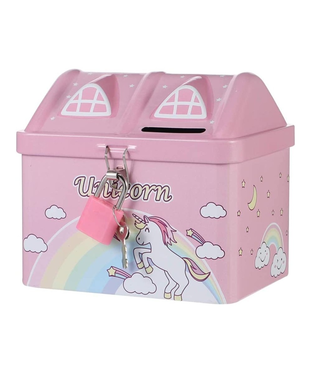 Unicorn Piggy Bank Cartoon House Shape Money Bank Iron Metal Coin Bank with Lock Gifts for Holiday Birthday Christmas Red Luc...