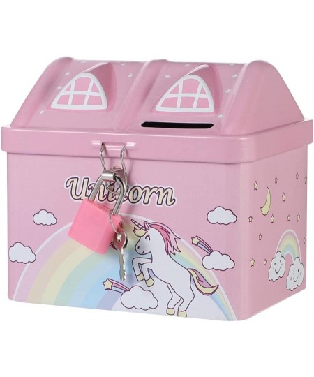 Unicorn Piggy Bank Cartoon House Shape Money Bank Iron Metal Coin Bank with Lock Gifts for Holiday Birthday Christmas Red Luc...