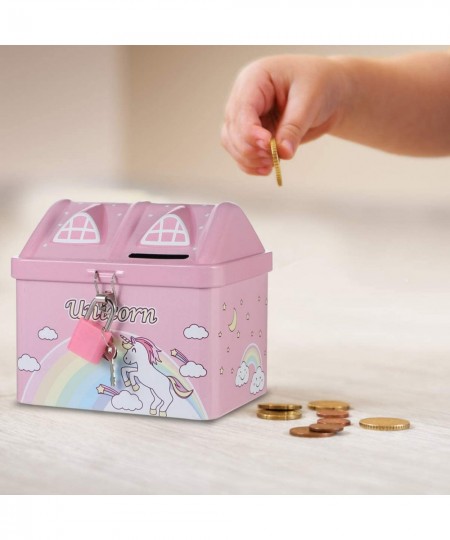 Unicorn Piggy Bank Cartoon House Shape Money Bank Iron Metal Coin Bank with Lock Gifts for Holiday Birthday Christmas Red Luc...